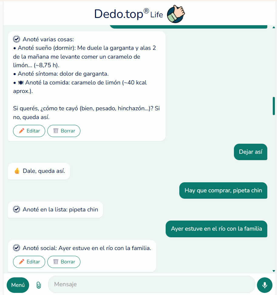 Chat de Dedo Life: anota sueño, comida y una salida, y podés editar o borrar cada registro.